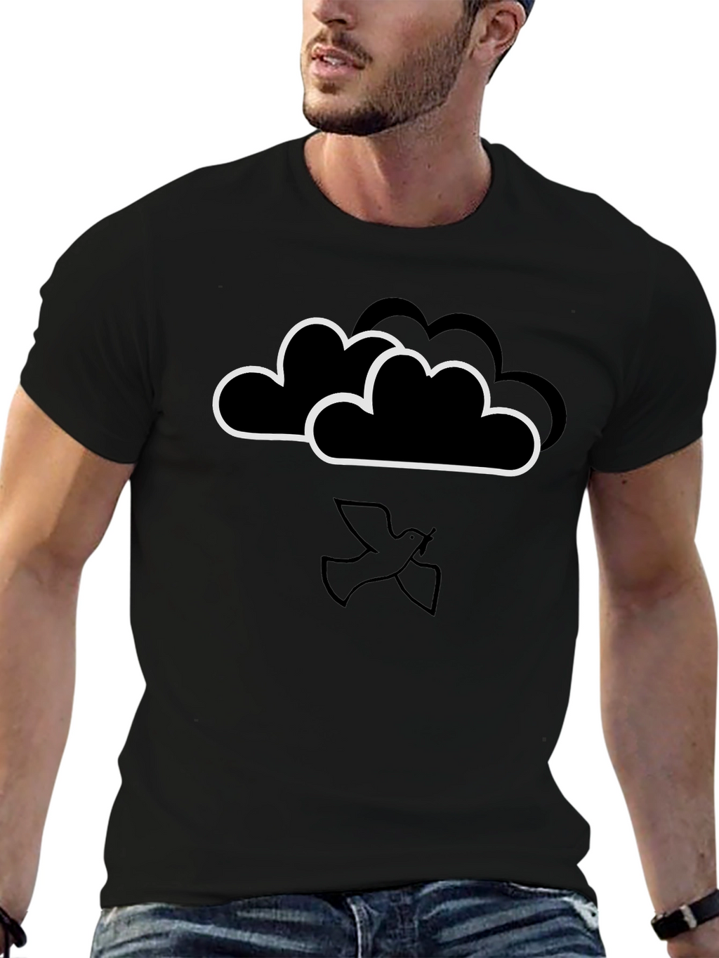 Cloud and Dove Graphic Black T-Shirt