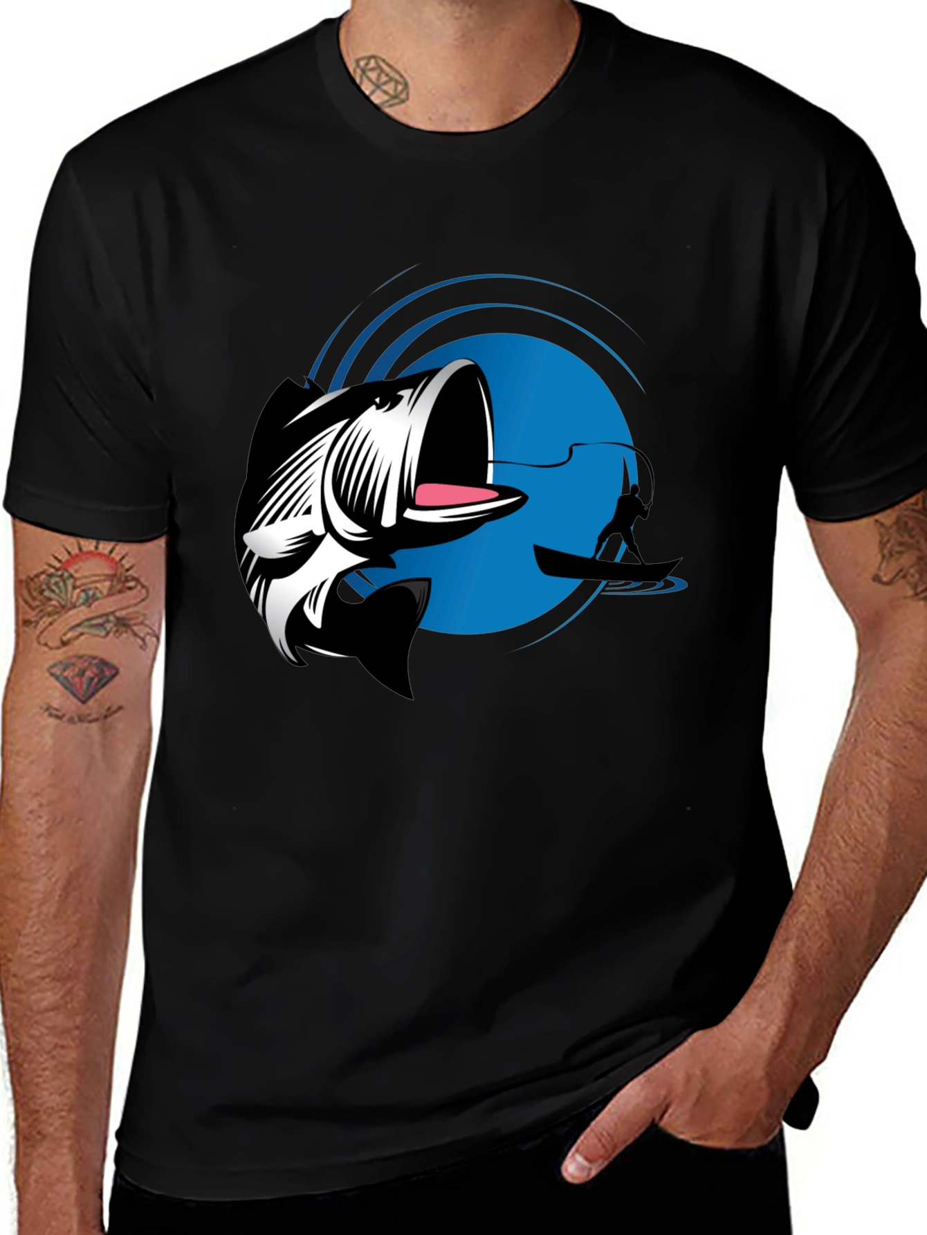 Bass Fishing Graphic Tee - Black Cotton T-Shirt