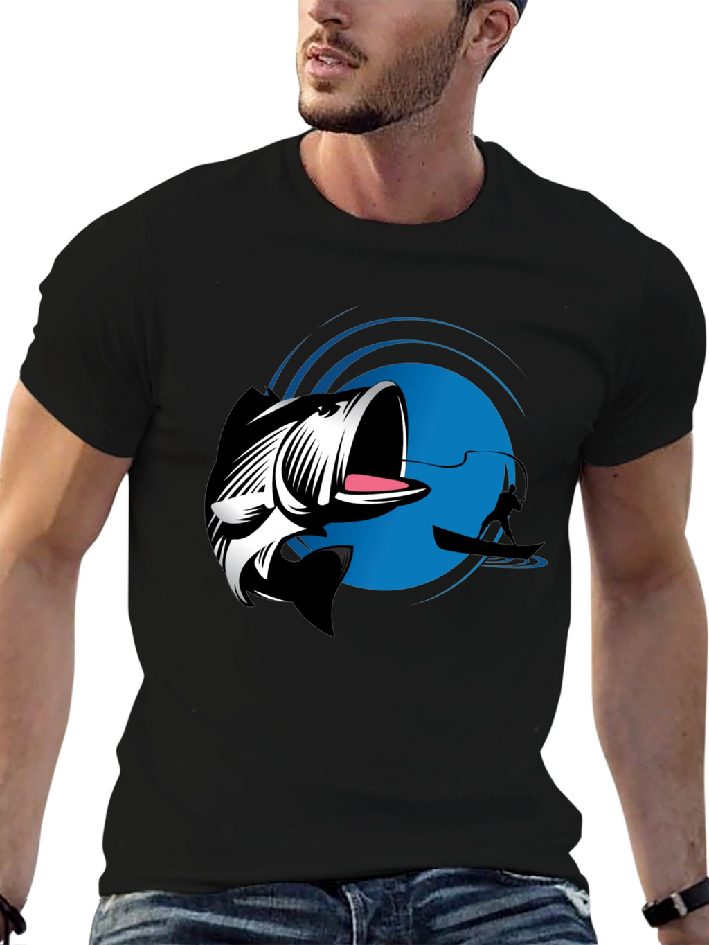 Bass Fishing Graphic Tee - Black Cotton T-Shirt