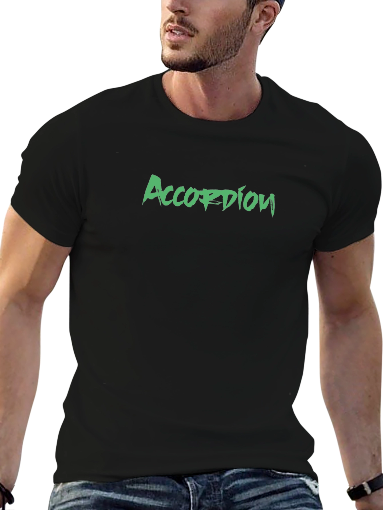 Accordion Tee - Green Graphic on Black Cotton