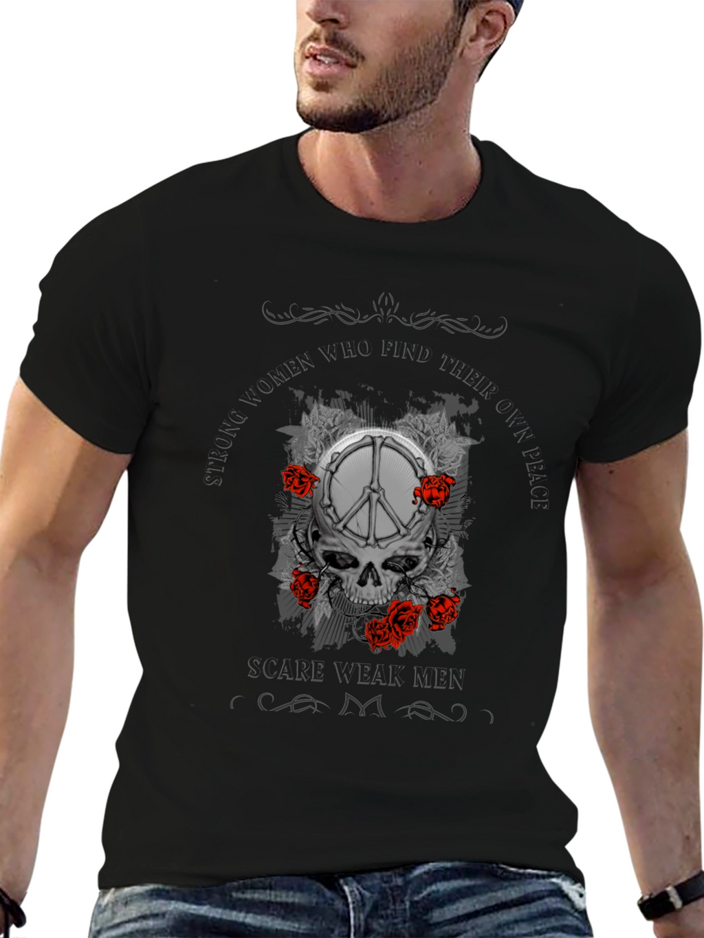 Skull & Peace Sign Graphic Print T-Shirt