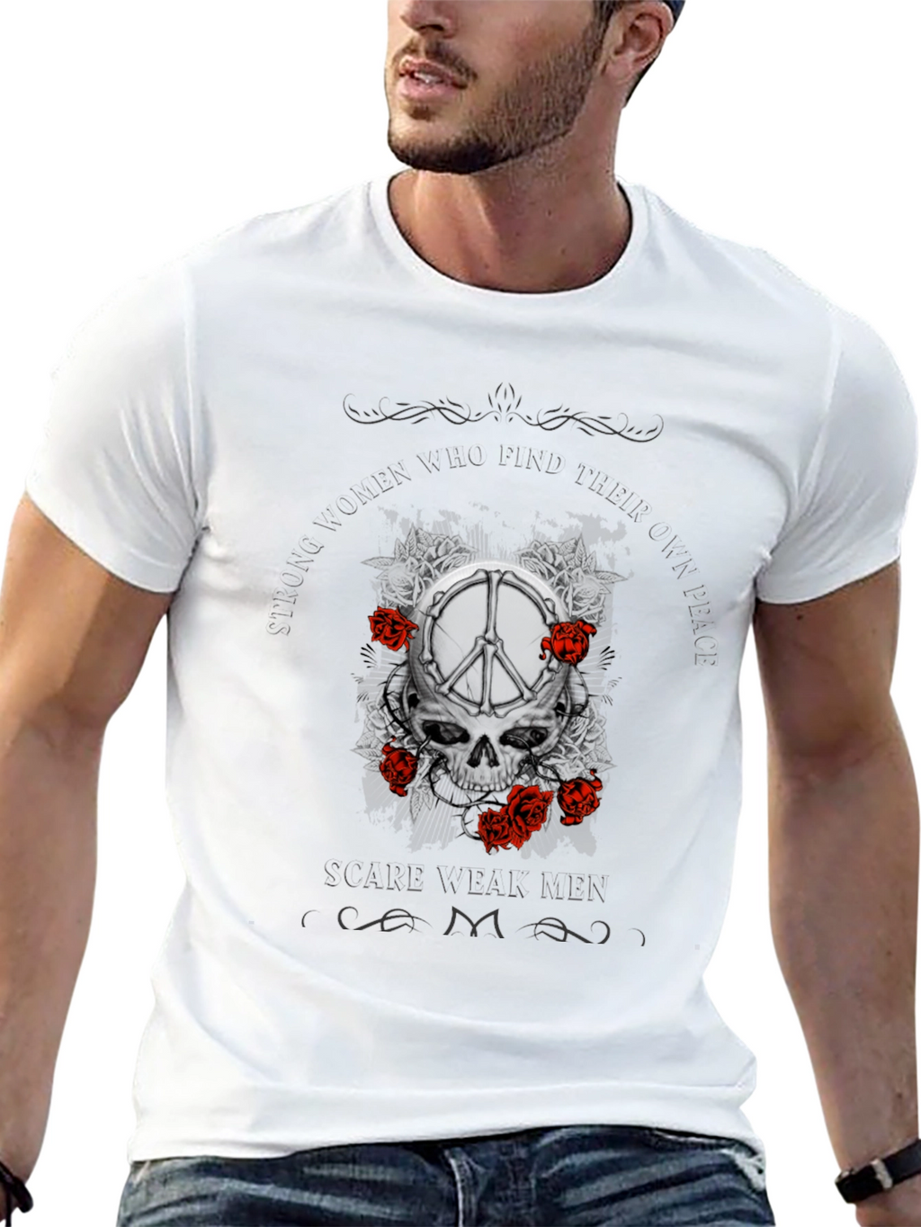 Skull & Peace Sign Graphic Print T-Shirt