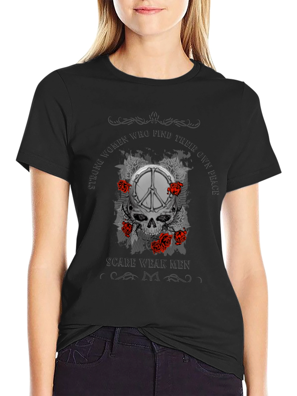 Skull & Peace Sign Graphic Print T-Shirt