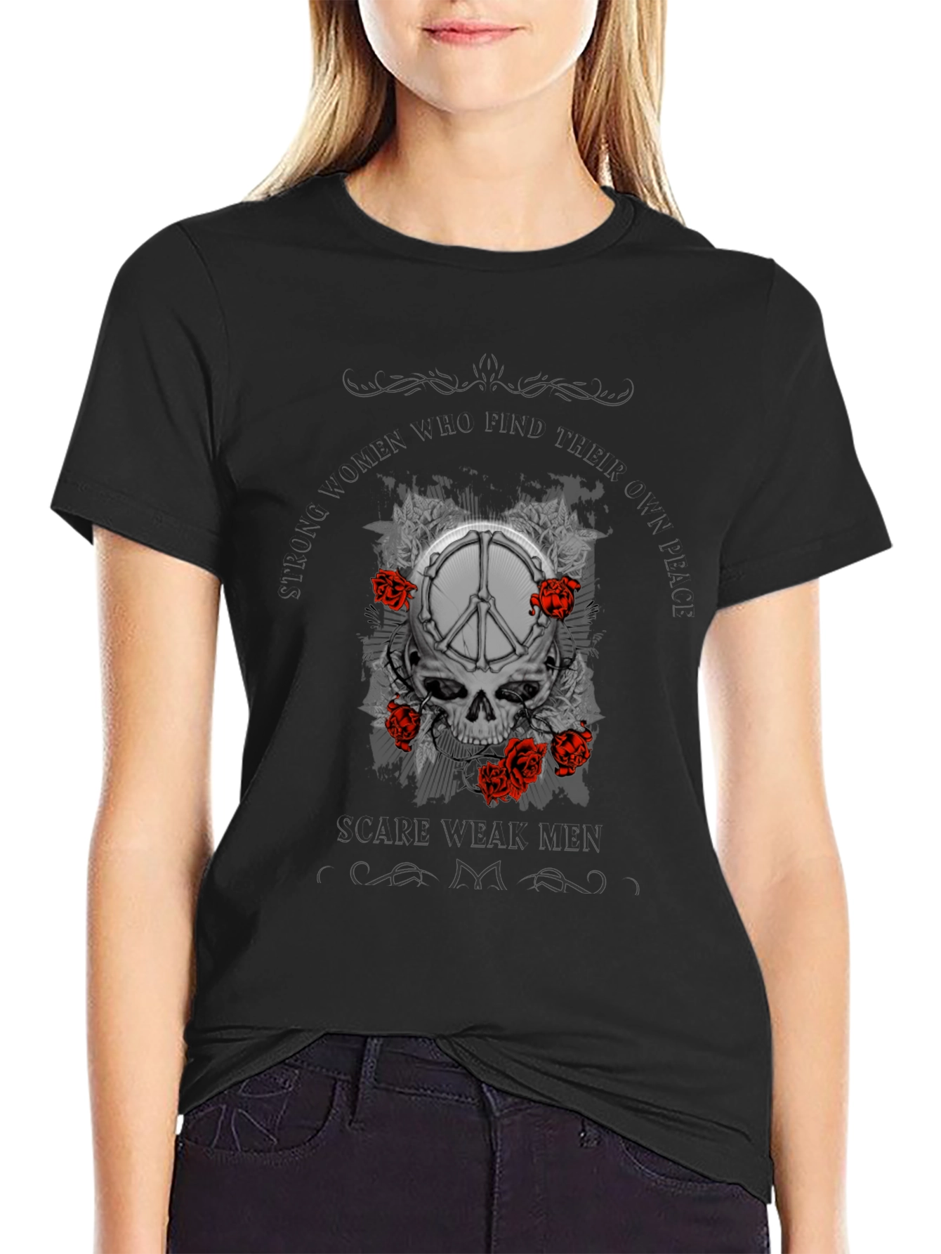 Skull & Peace Sign Graphic Print T-Shirt
