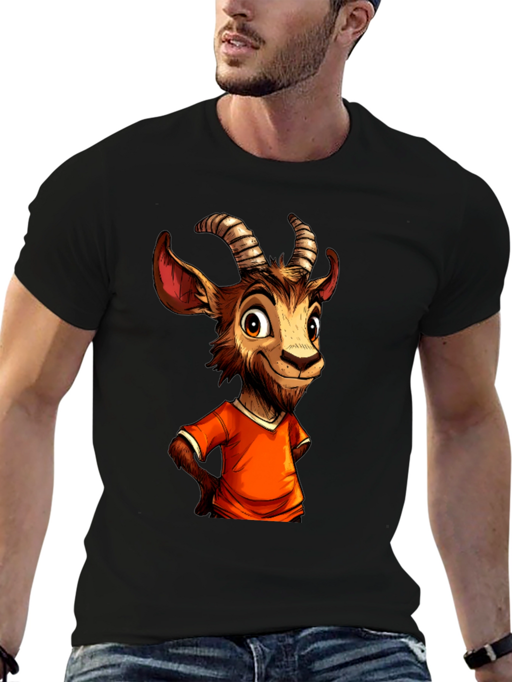 Cartoon Goat Graphic Tee - Black