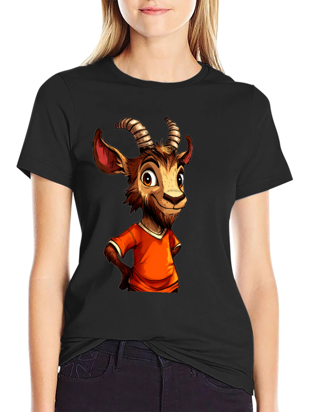 Cartoon Goat Graphic Tee - Black