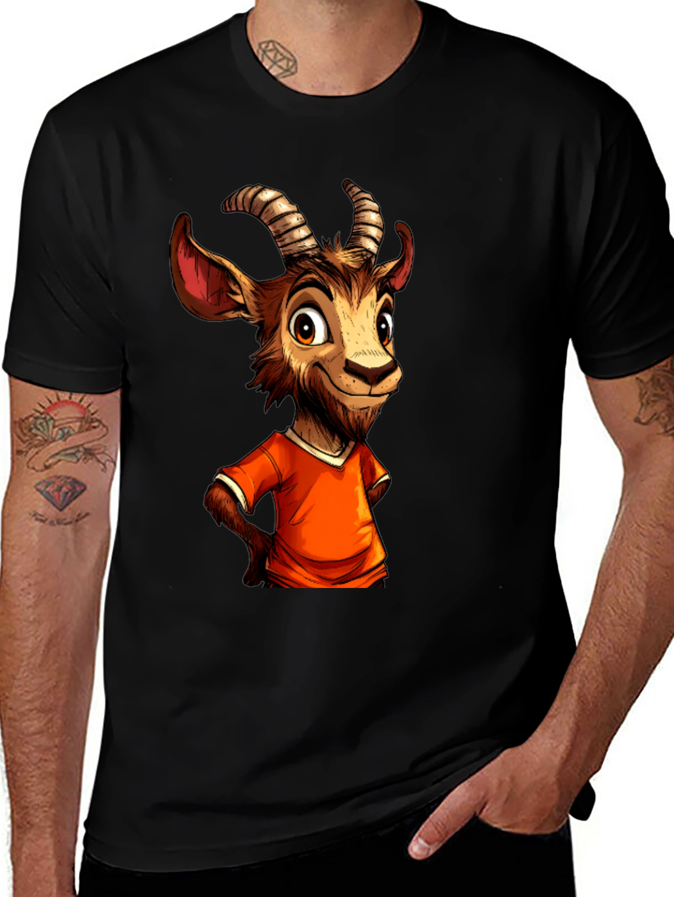 Cartoon Goat Graphic Tee - Black