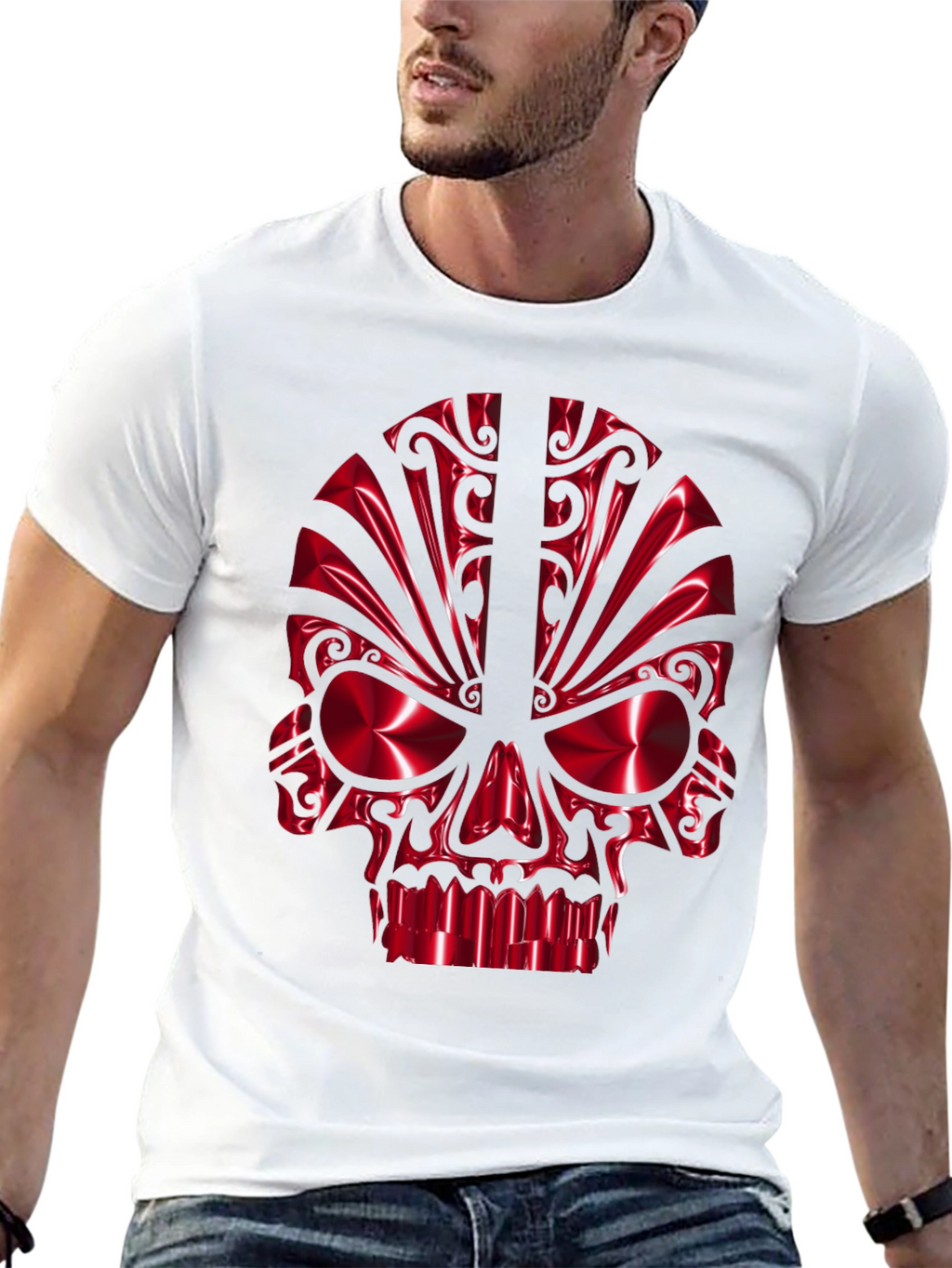 Red Chrome Skull Graphic Black T-Shirt