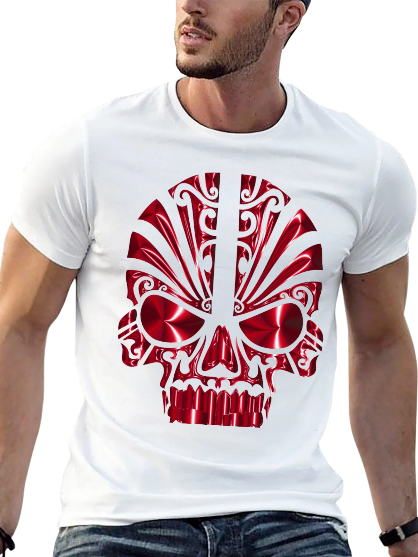 Red Chrome Skull Graphic Black T-Shirt