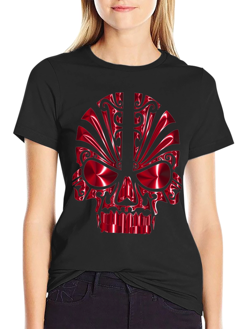 Red Chrome Skull Graphic Black T-Shirt