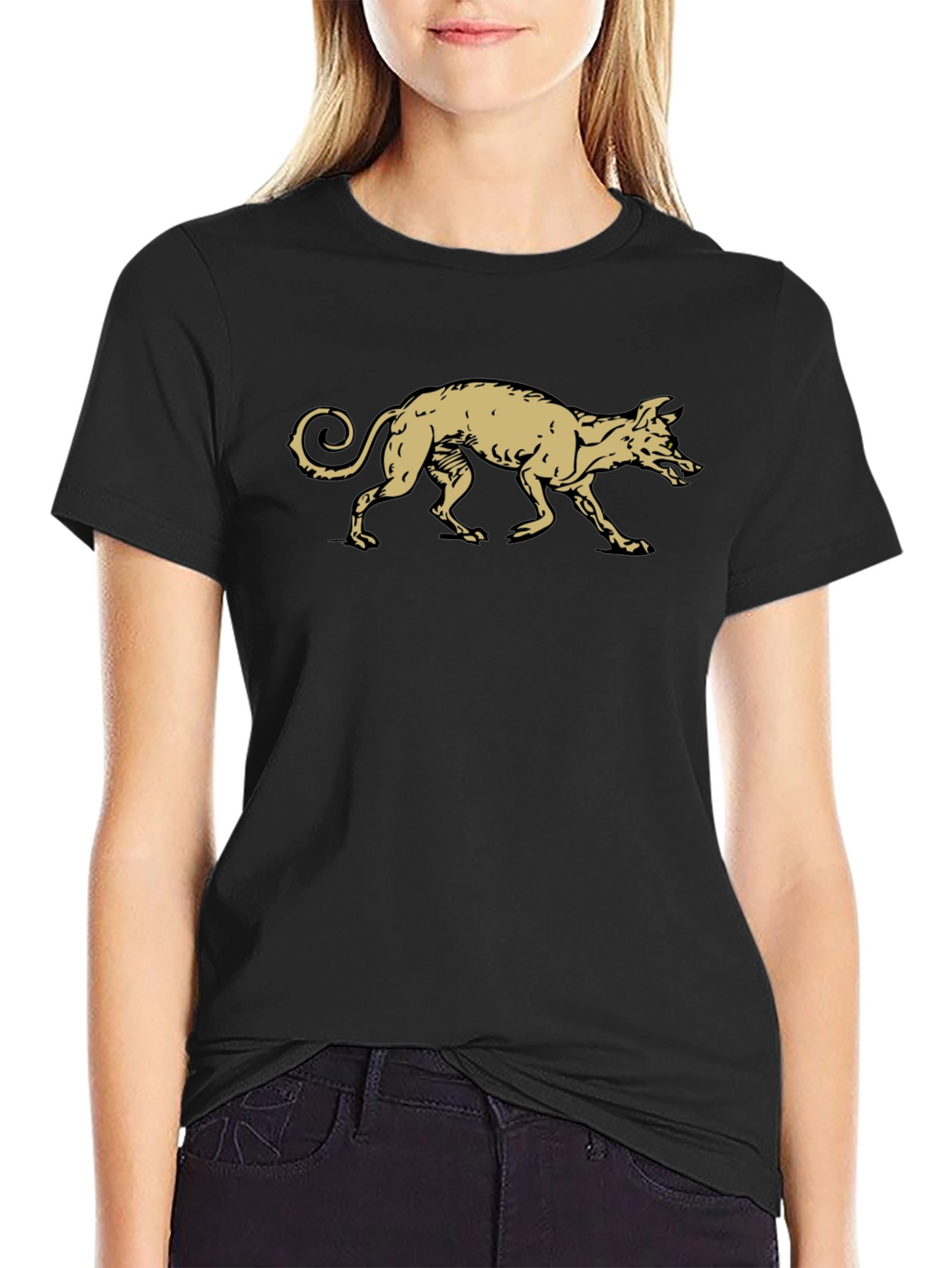 Black T-Shirt with Gold Running Dog Graphic