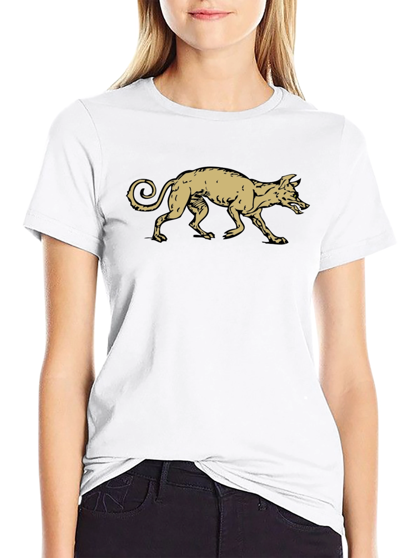 Black T-Shirt with Gold Running Dog Graphic