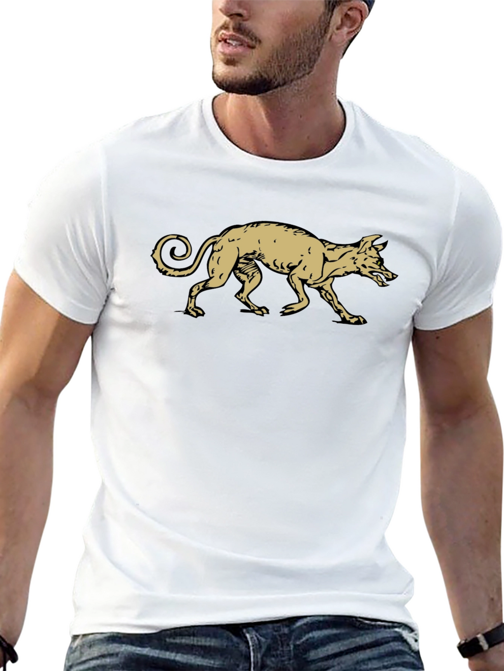 Black T-Shirt with Gold Running Dog Graphic