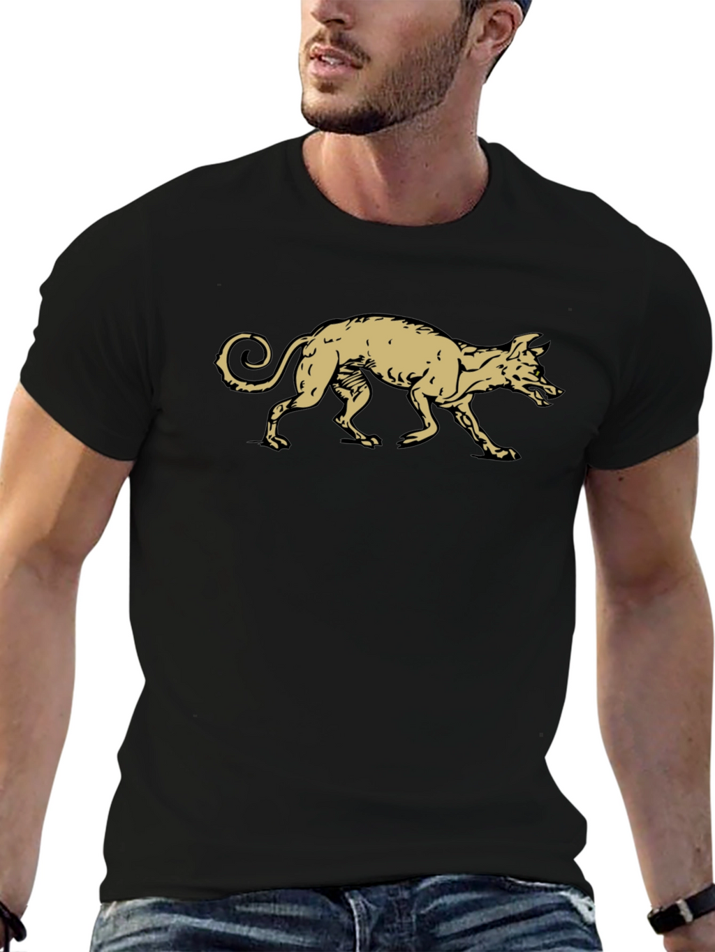 Black T-Shirt with Gold Running Dog Graphic