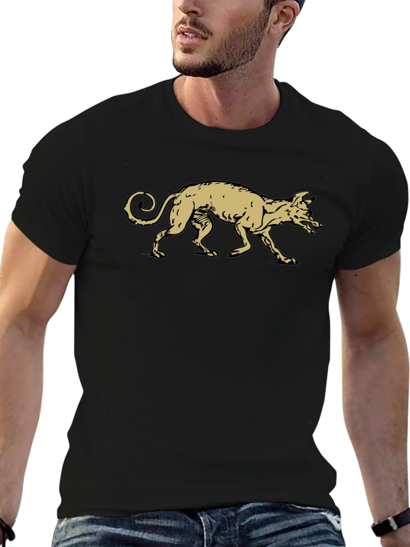 Black T-Shirt with Gold Running Dog Graphic