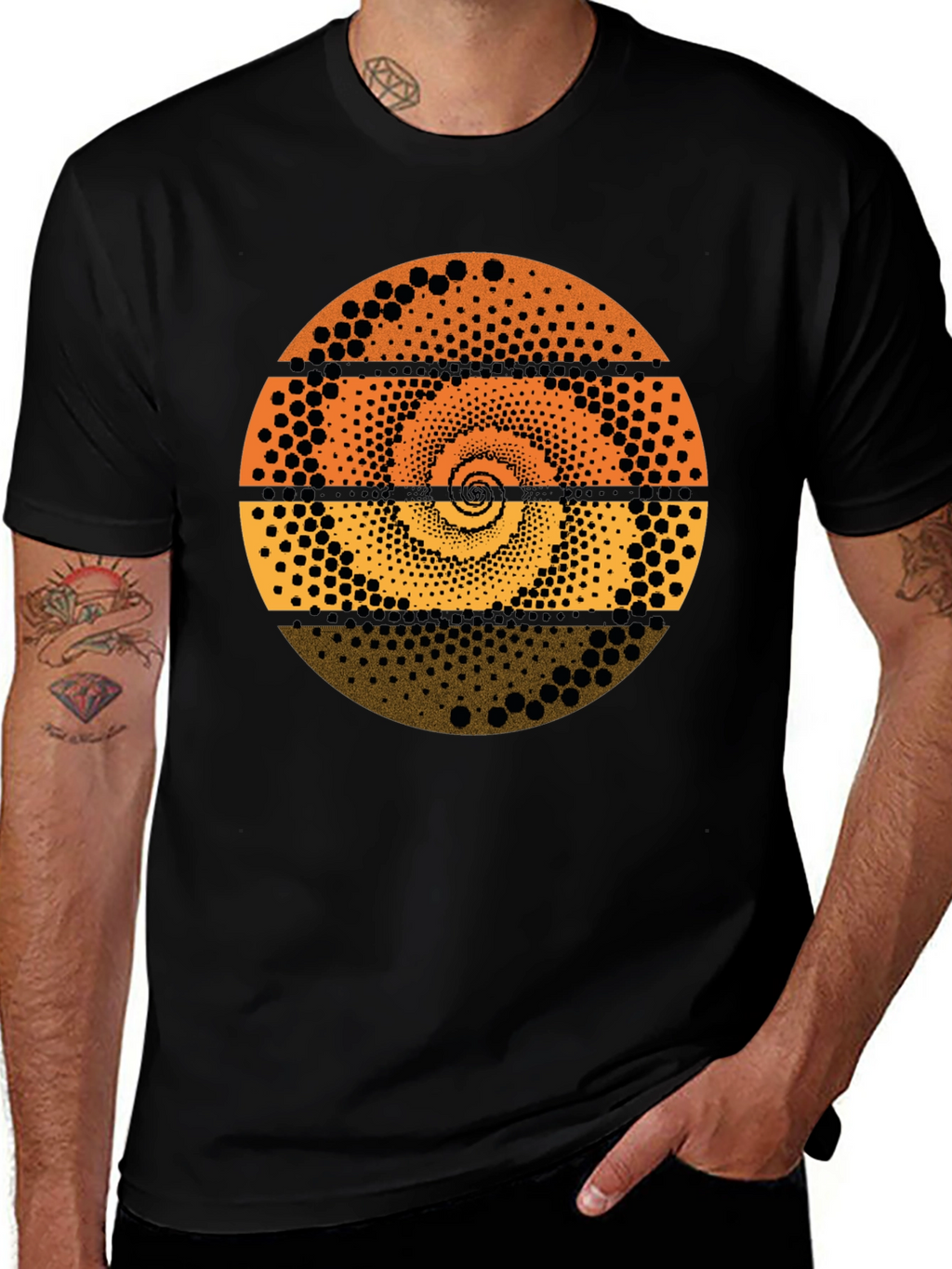 Abstract Dot Spiral Graphic Tee - Black Cotton T-Shirt