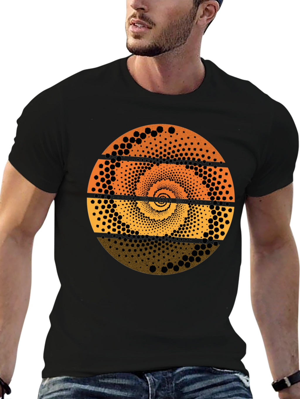 Abstract Dot Spiral Graphic Tee - Black Cotton T-Shirt