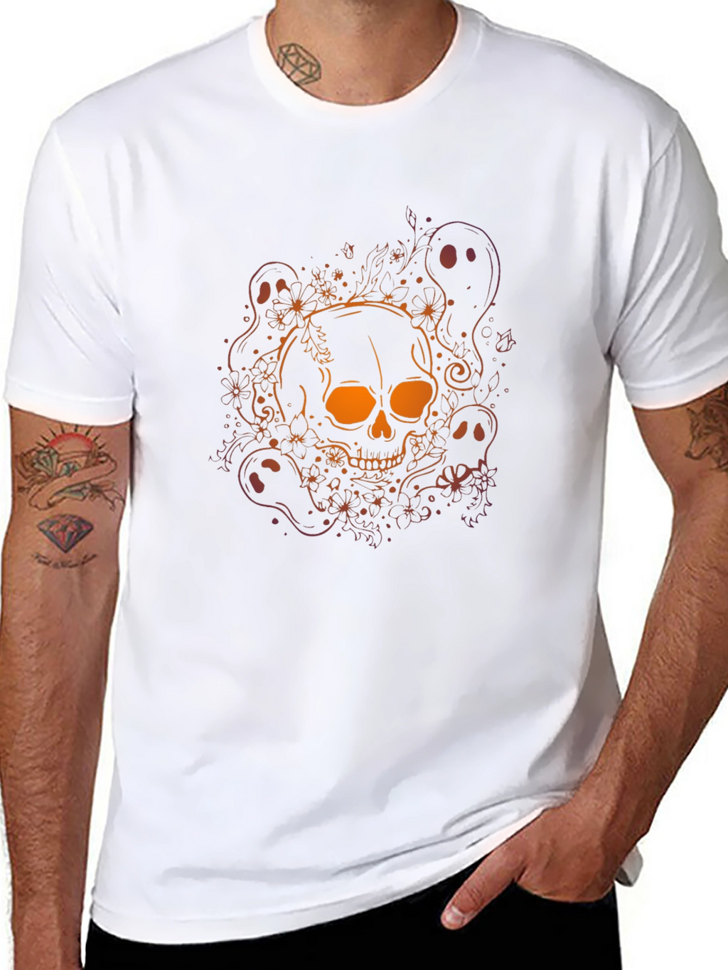 Skull & Ghost Graphic Tee - Halloween Black T-Shirt