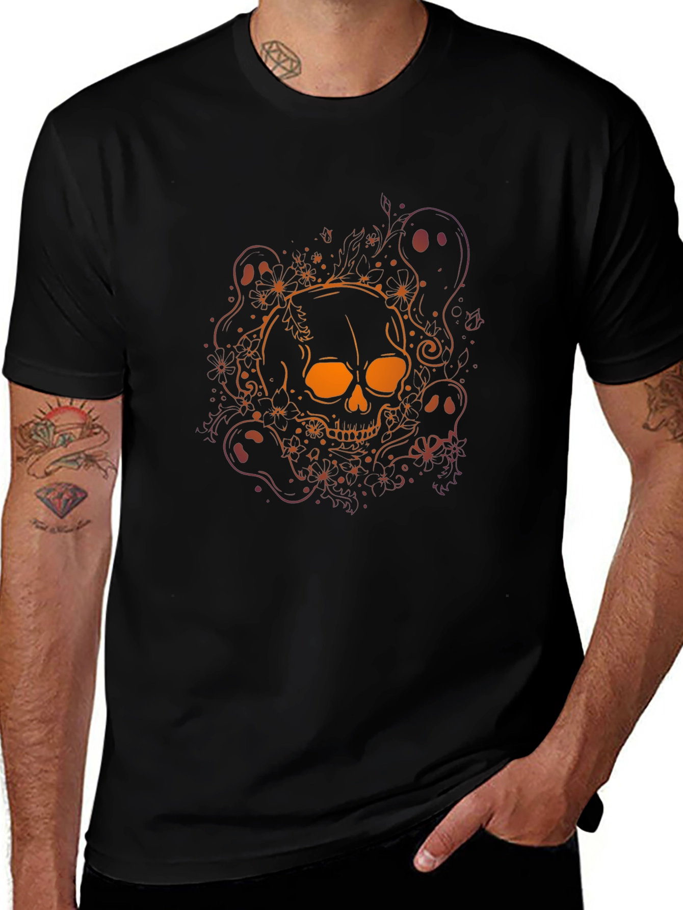Skull & Ghost Graphic Tee - Halloween Black T-Shirt