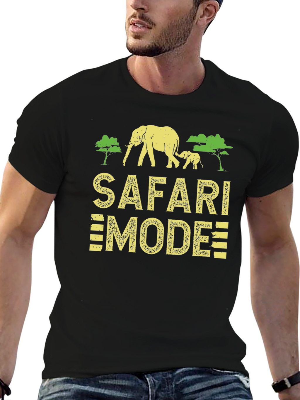 Safari Mode Black T-Shirt with Elephant Graphic