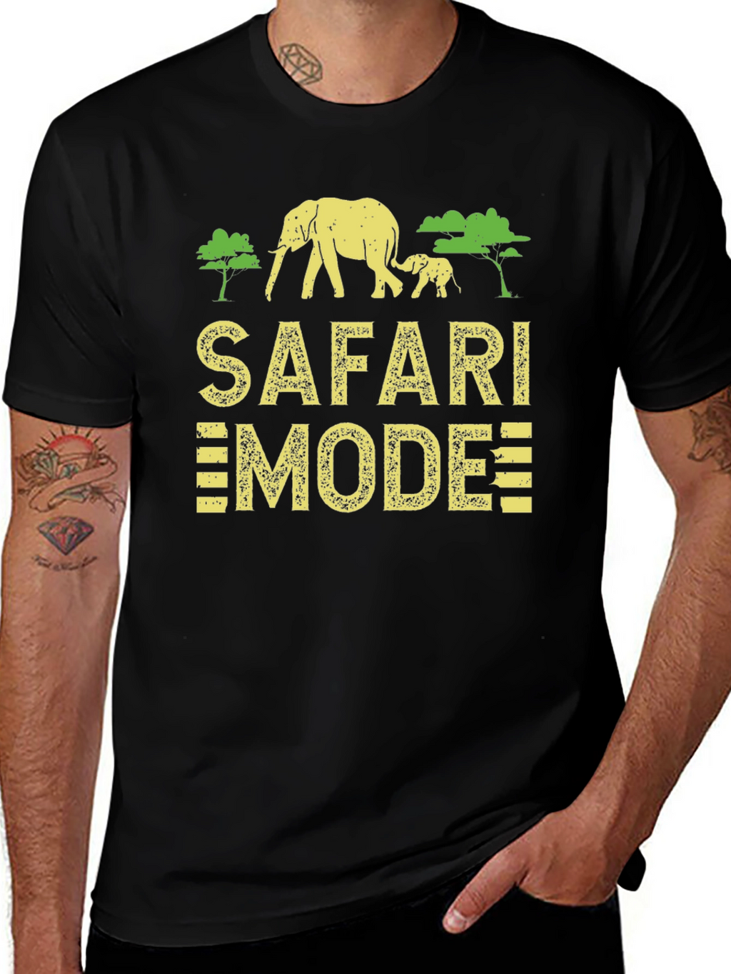 Safari Mode Black T-Shirt with Elephant Graphic