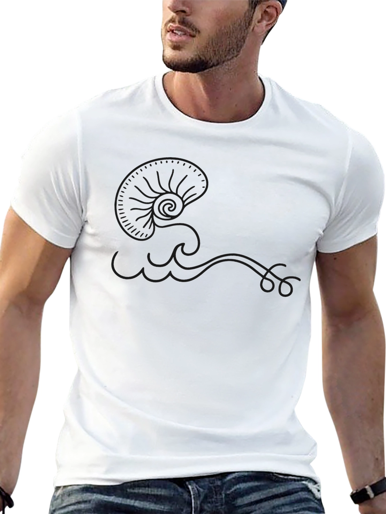 Mens Black Cotton T-Shirt - Wave Design