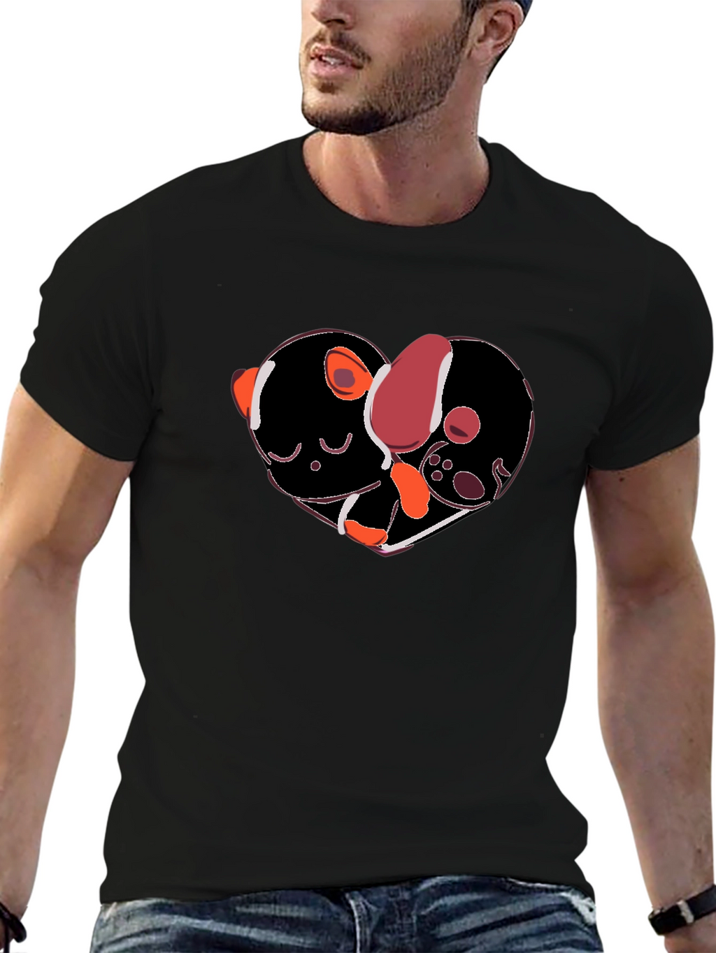 Heart-Shaped Dog & Cat Love Black T-Shirt