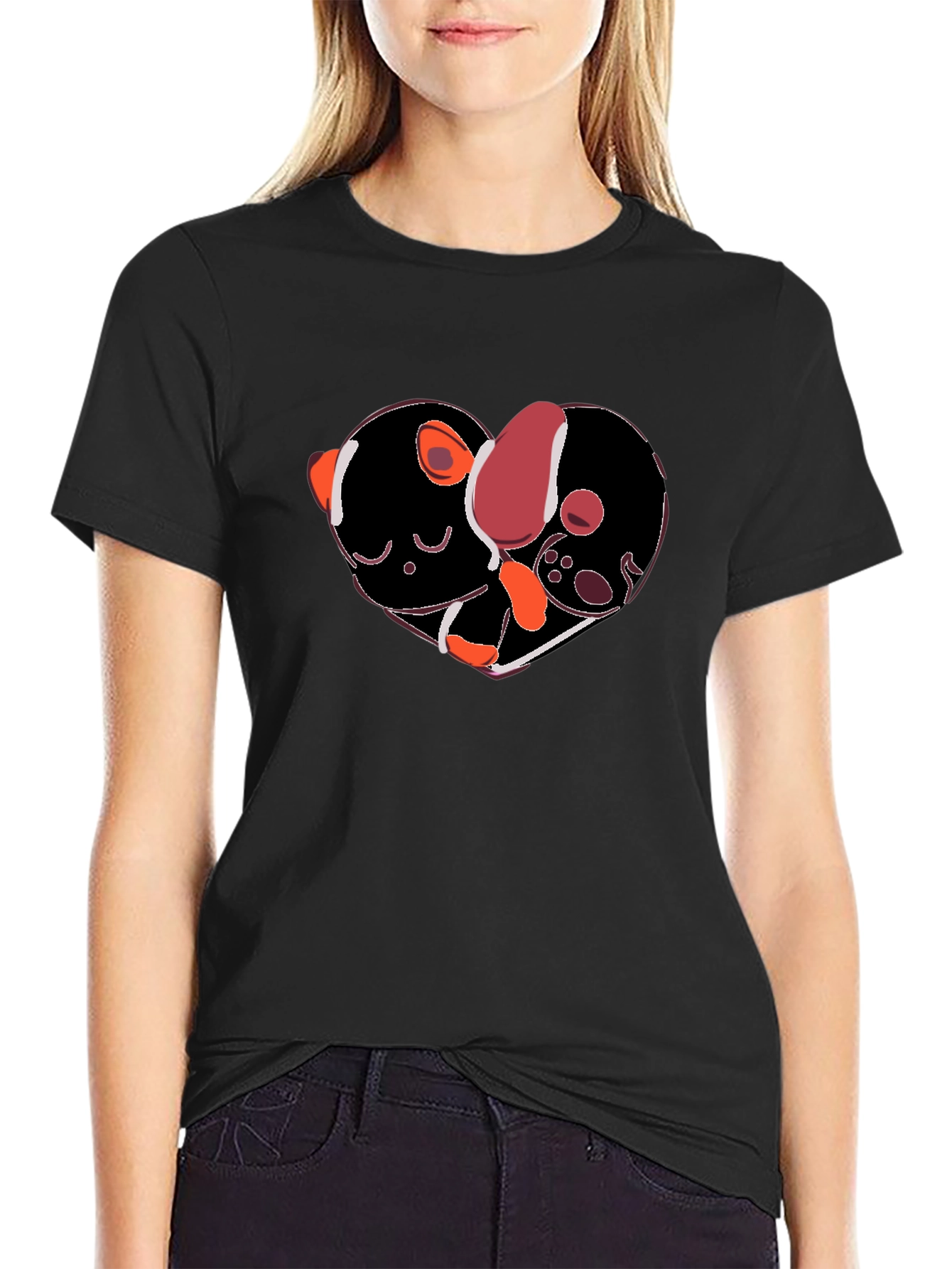 Heart-Shaped Dog & Cat Love Black T-Shirt