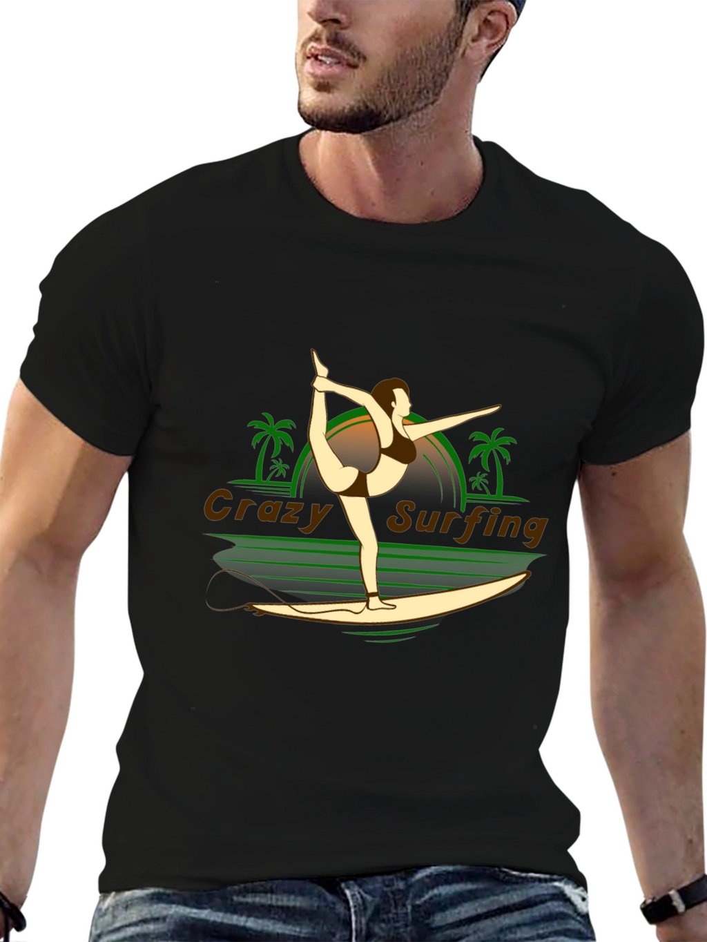 Crazy Surfing Graphic Tee - Black Cotton T-Shirt