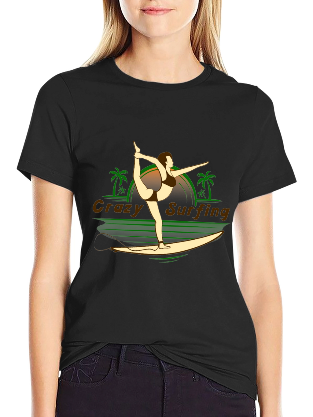 Crazy Surfing Graphic Tee - Black Cotton T-Shirt