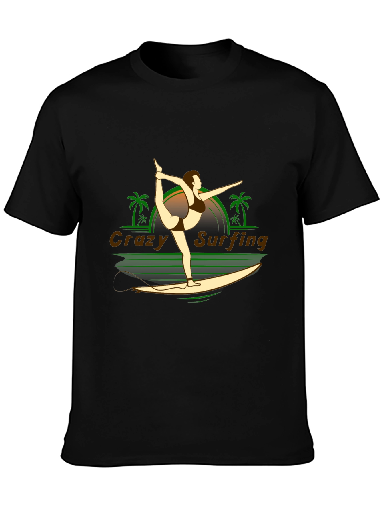 Crazy Surfing Graphic Tee - Black Cotton T-Shirt