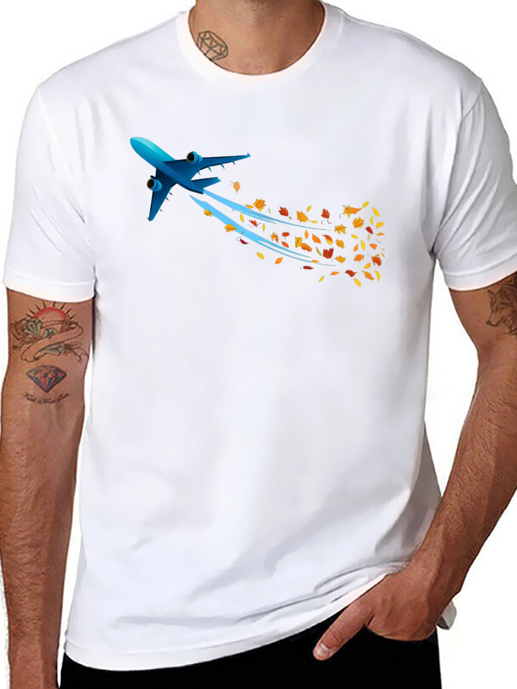 Airplane & Autumn Leaves Graphic Black T-Shirt