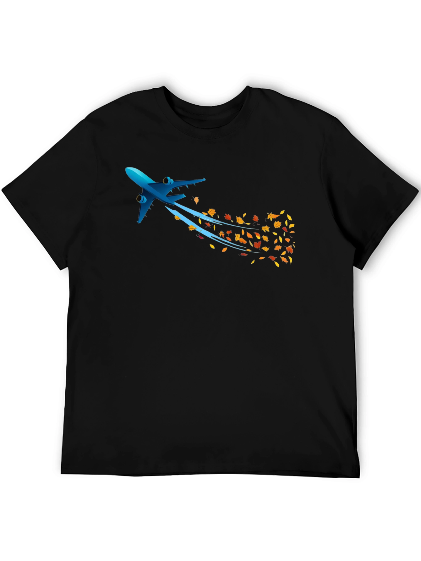 Airplane & Autumn Leaves Graphic Black T-Shirt