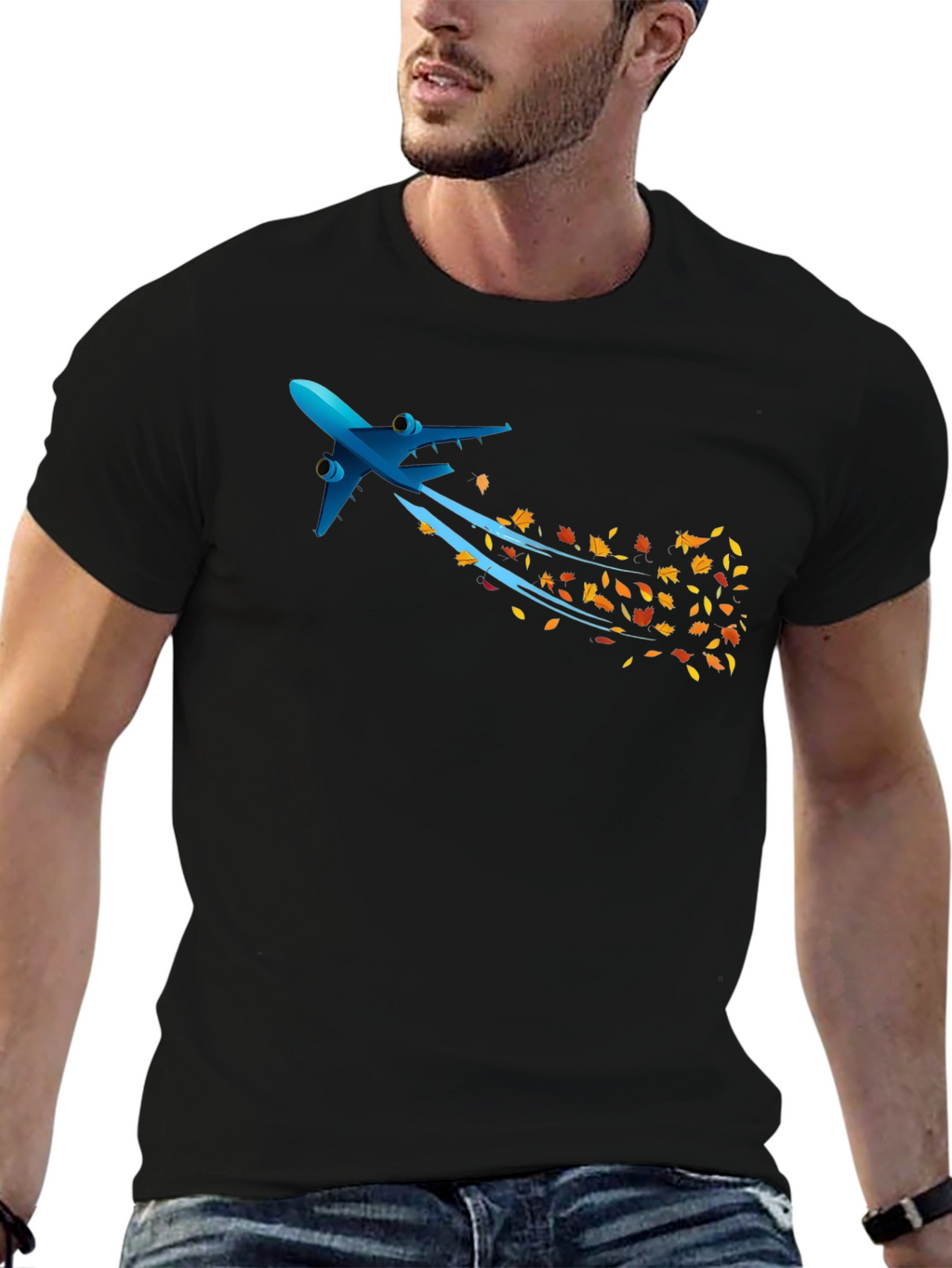 Airplane & Autumn Leaves Graphic Black T-Shirt