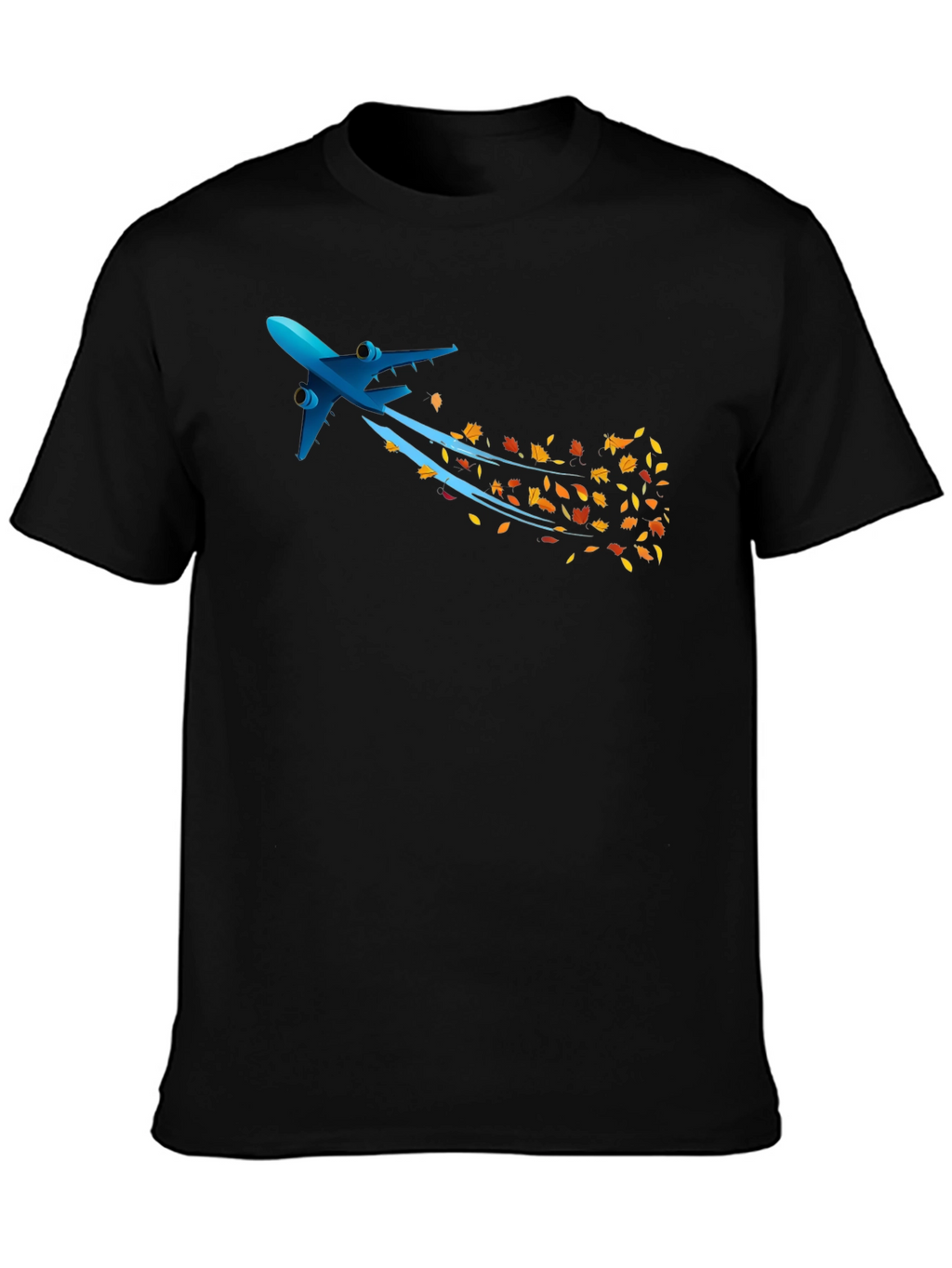 Airplane & Autumn Leaves Graphic Black T-Shirt