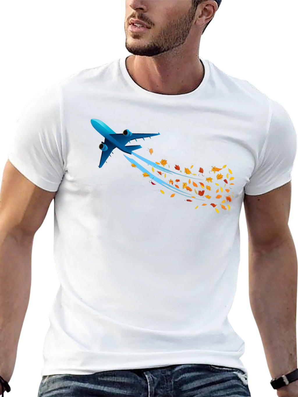Airplane & Autumn Leaves Graphic Black T-Shirt