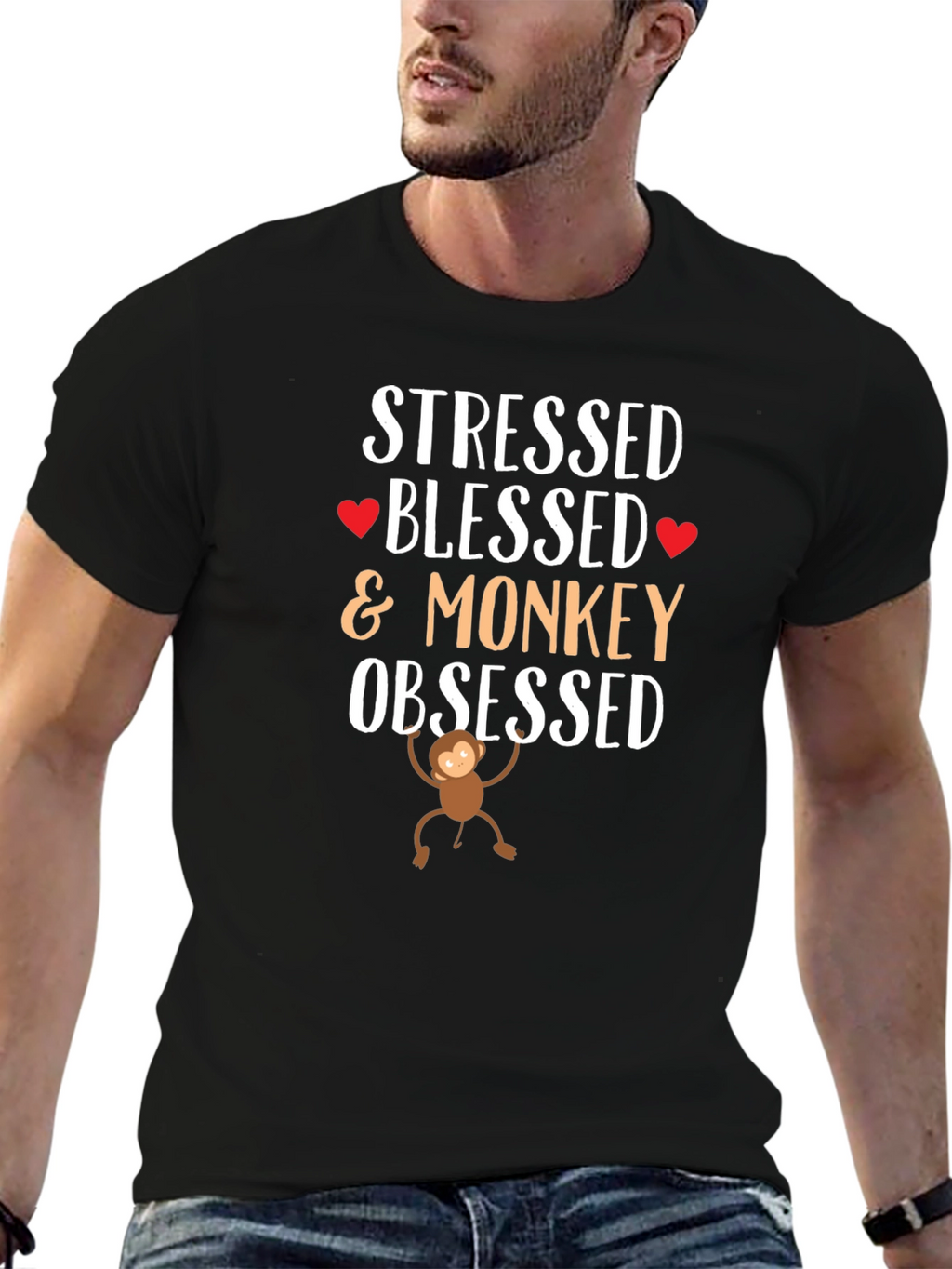 Stressed Blessed Monkey Obsessed Black T-Shirt