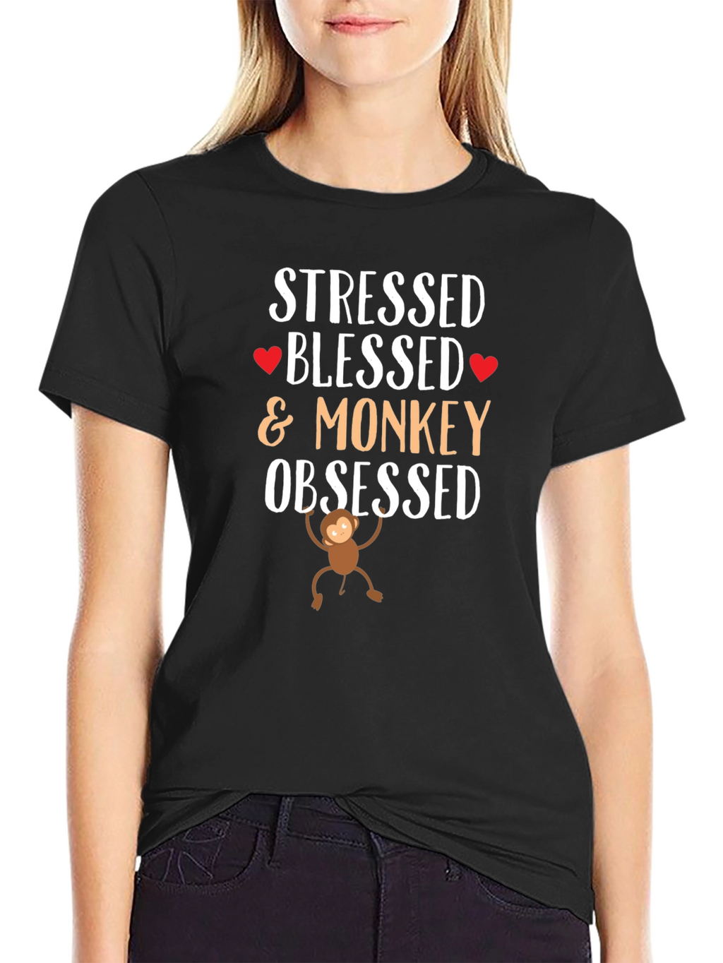Stressed Blessed Monkey Obsessed Black T-Shirt