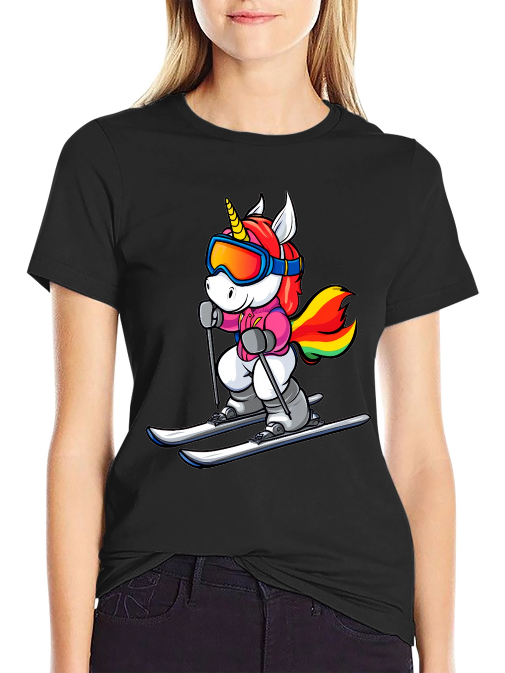 Unicorn Skiing Black T-Shirt