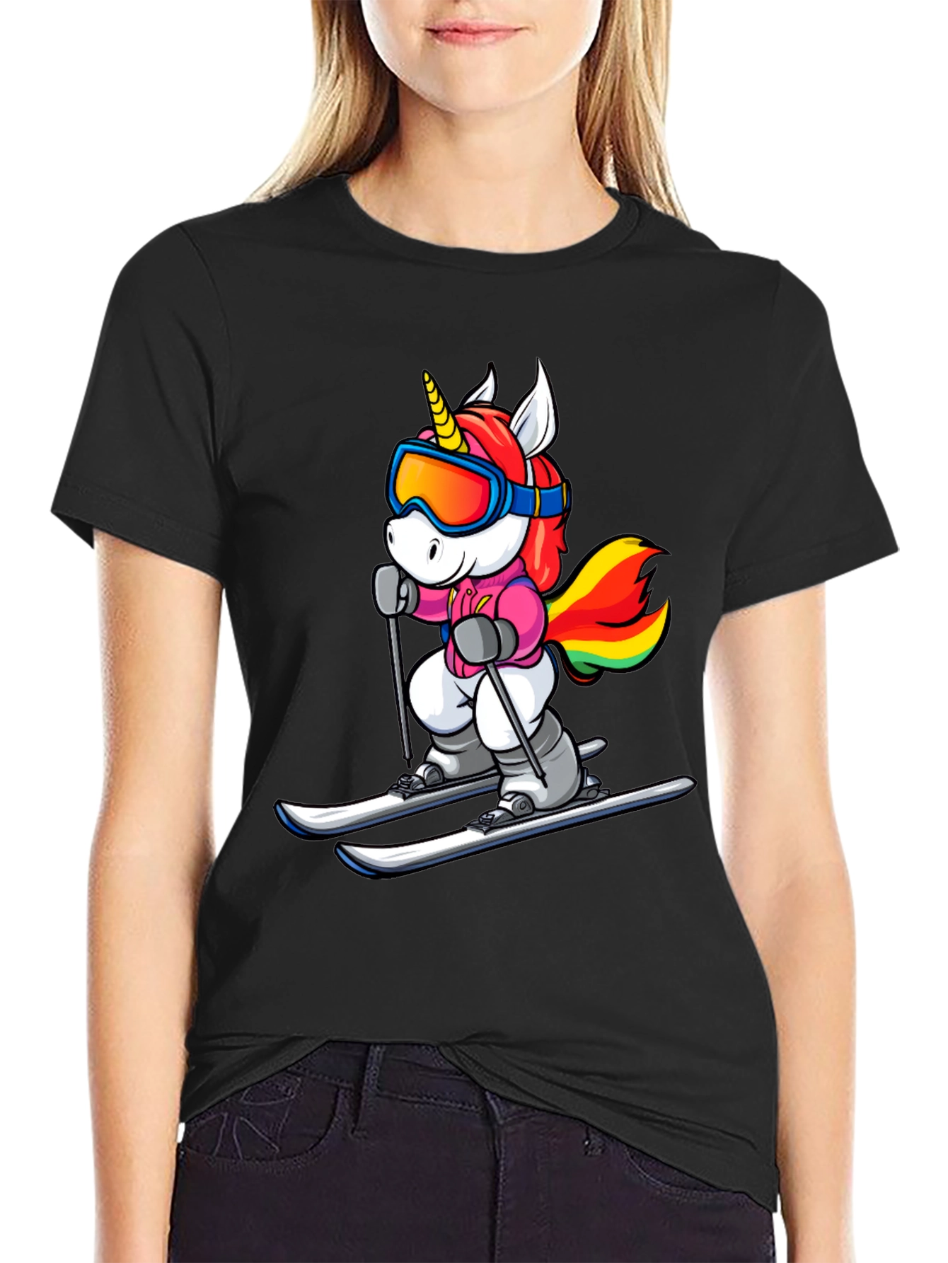 Unicorn Skiing Black T-Shirt
