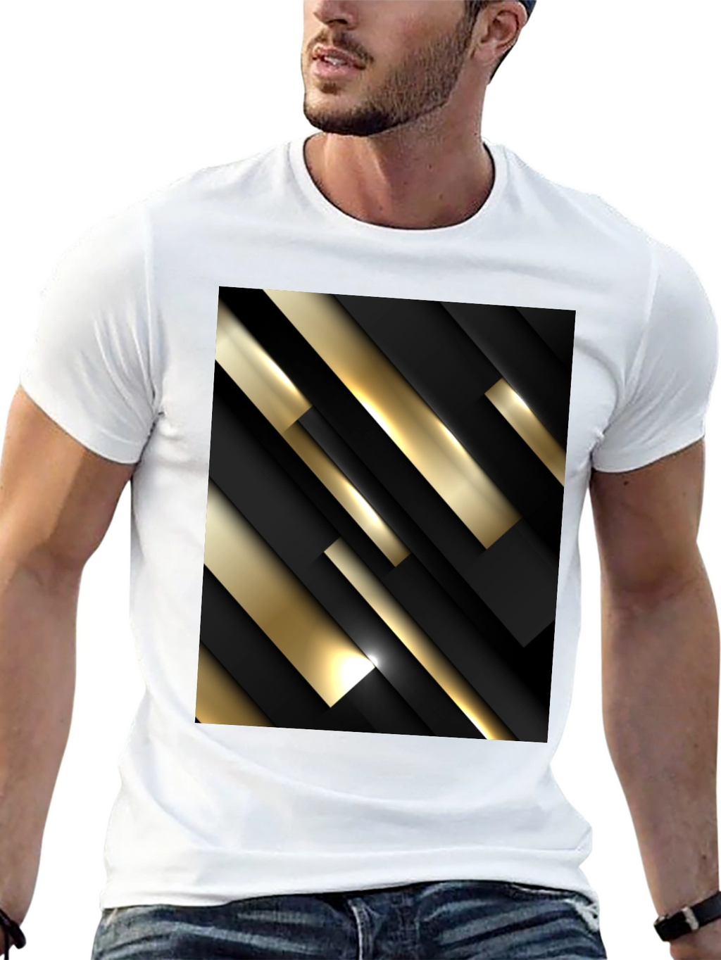 Stylish Black T-Shirt with Abstract Gold & Black Design