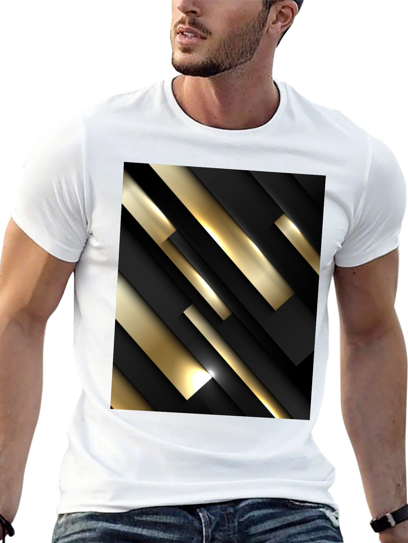 Stylish Black T-Shirt with Abstract Gold & Black Design