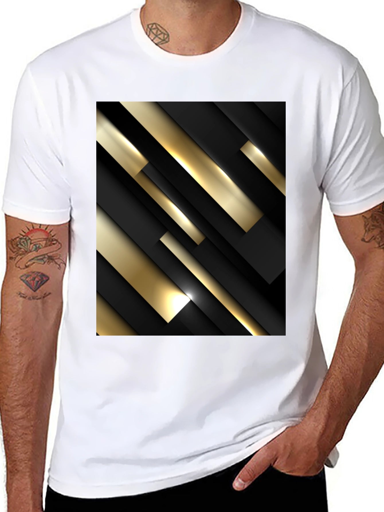 Stylish Black T-Shirt with Abstract Gold & Black Design