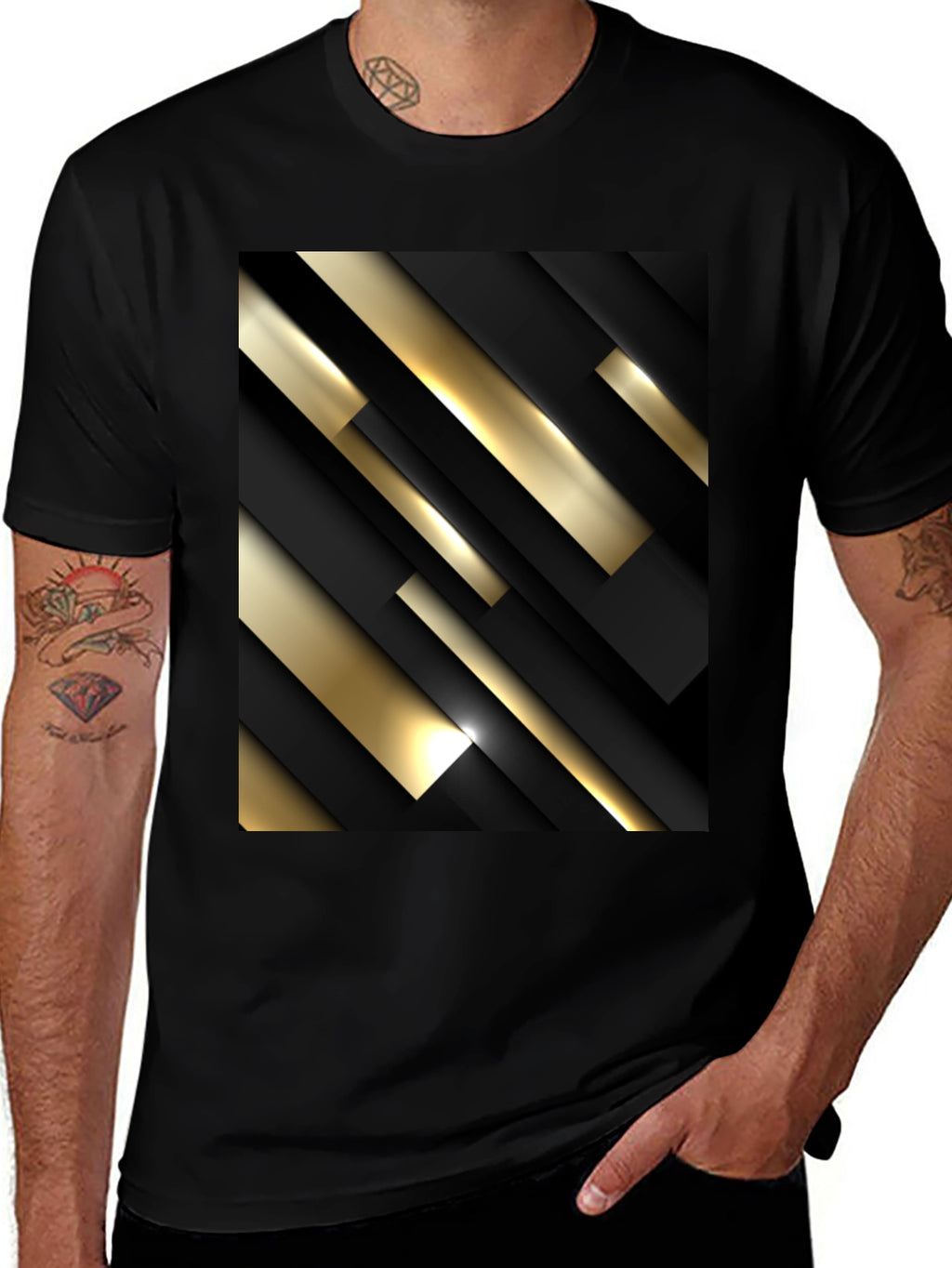 Stylish Black T-Shirt with Abstract Gold & Black Design