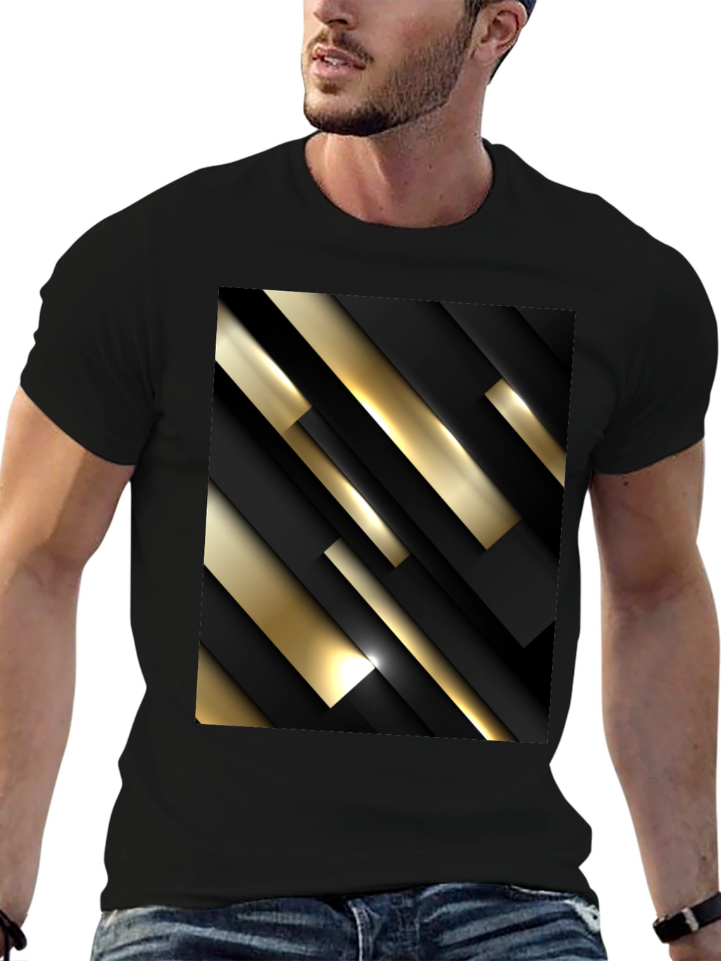 Stylish Black T-Shirt with Abstract Gold & Black Design