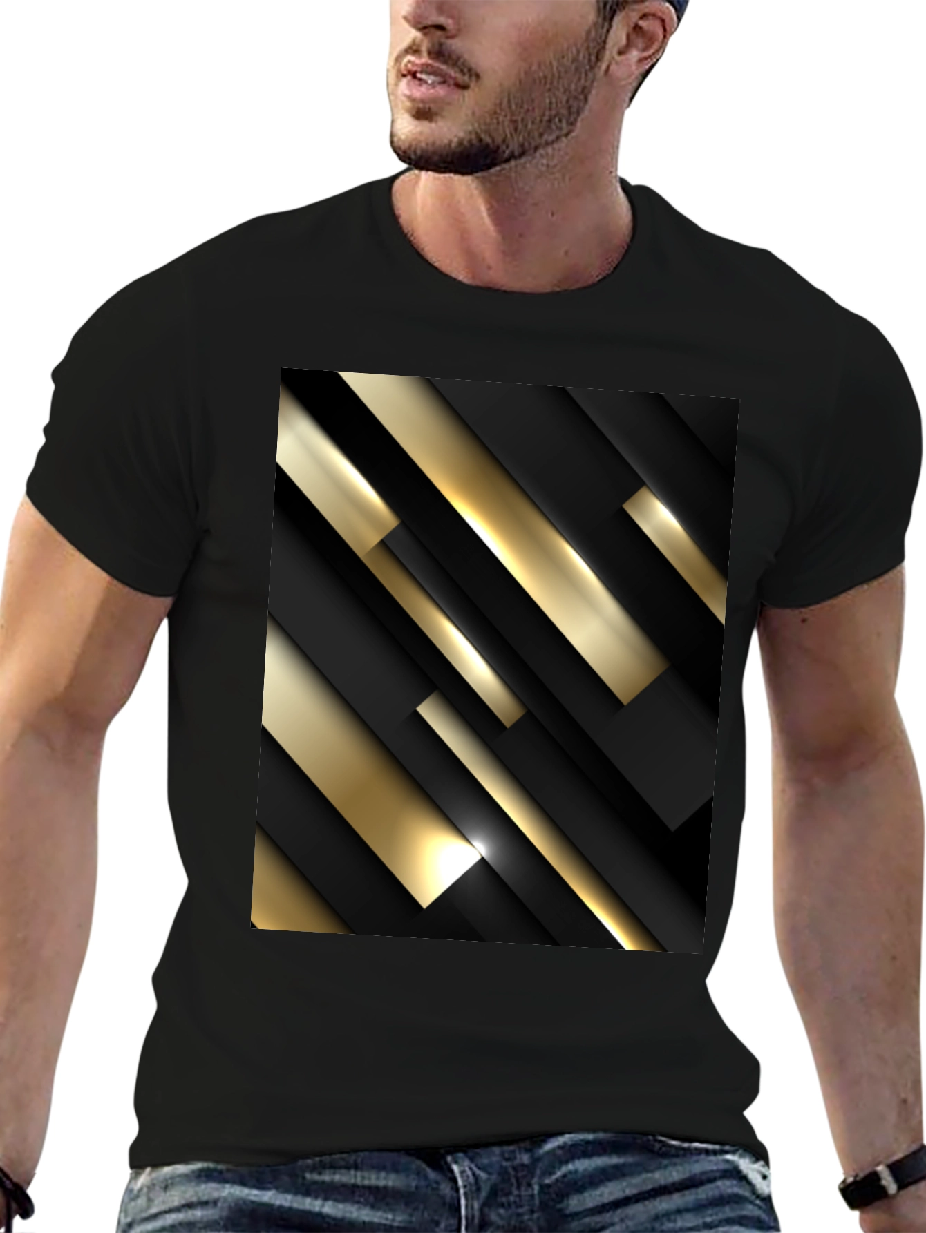 Stylish Black T-Shirt with Abstract Gold & Black Design