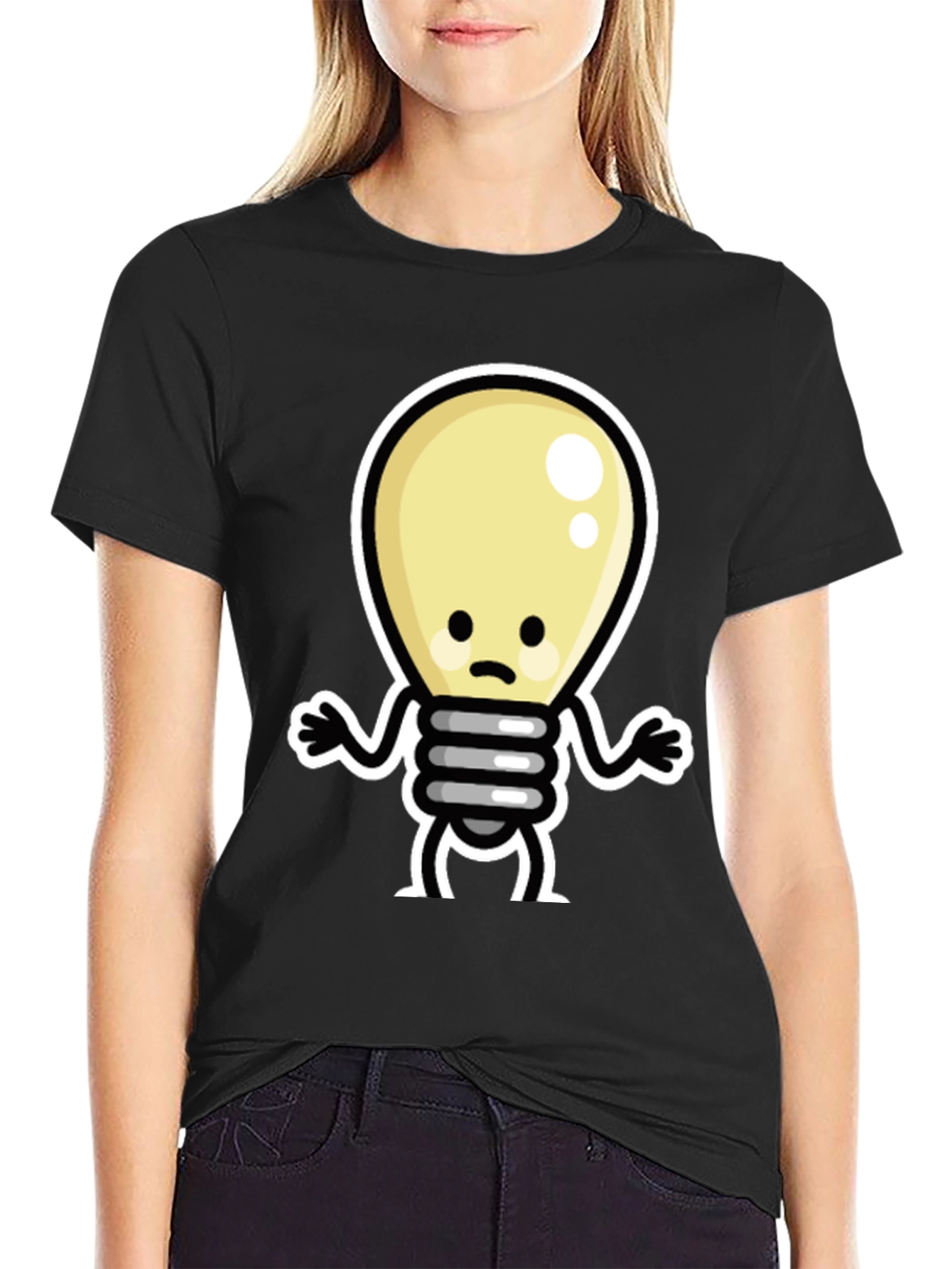 Sad Light Bulb Graphic Tee - Black Cotton T-Shirt