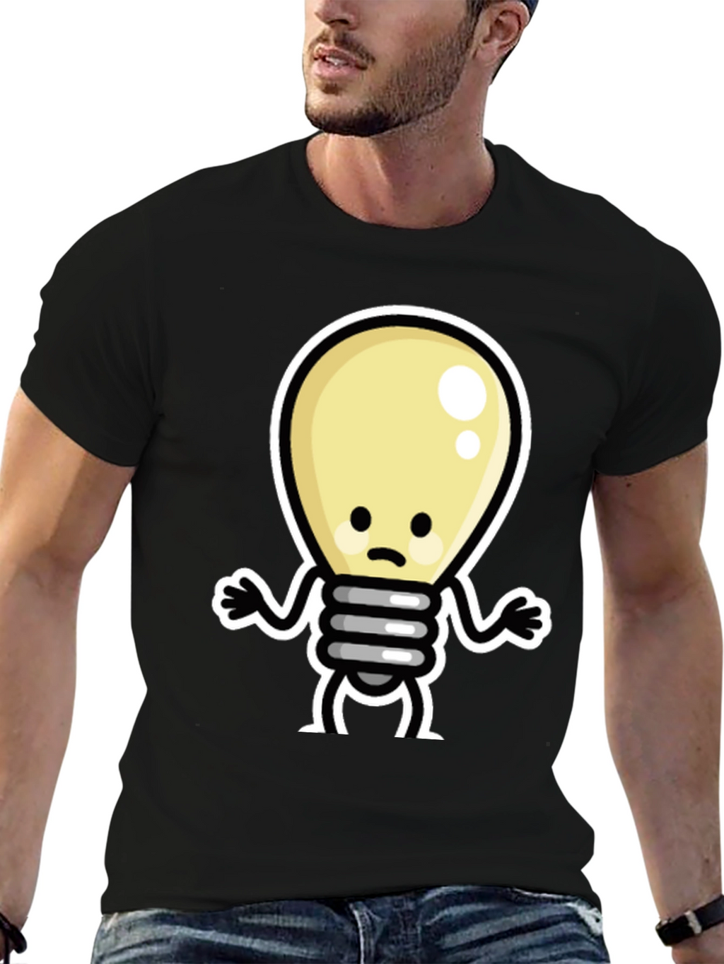 Sad Light Bulb Graphic Tee - Black Cotton T-Shirt