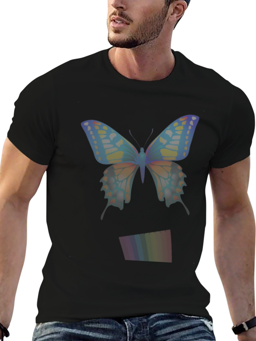 Butterfly Rainbow Mens Black T-Shirt