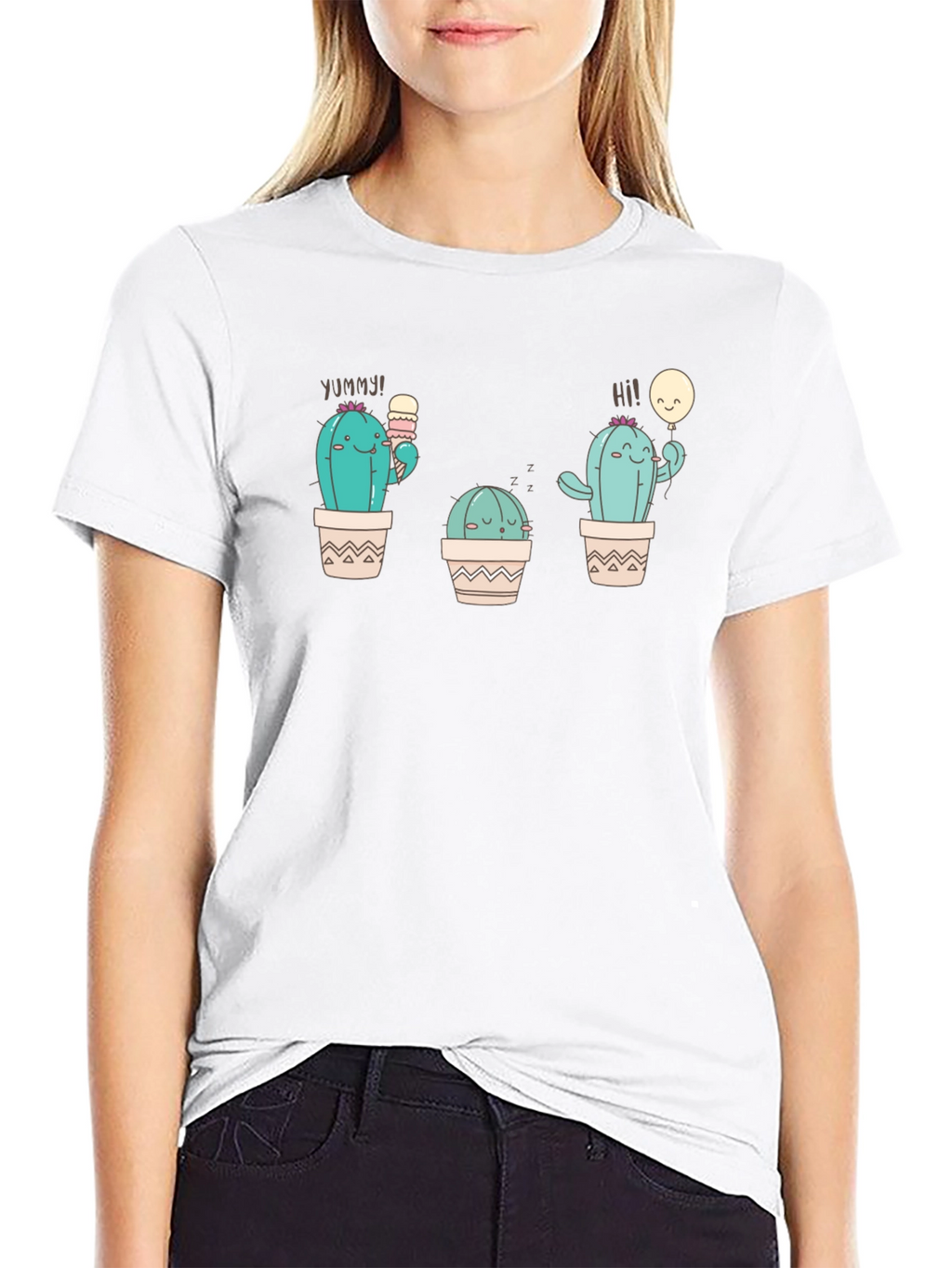 Cute Cactus Graphic Tee - Black Cotton T-Shirt